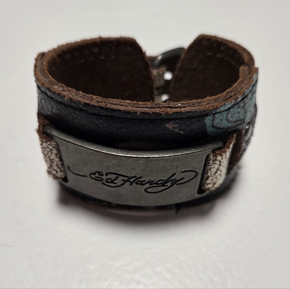 Ed Hardy Genuine Leather Teal Blue White Brown Black Bracelet